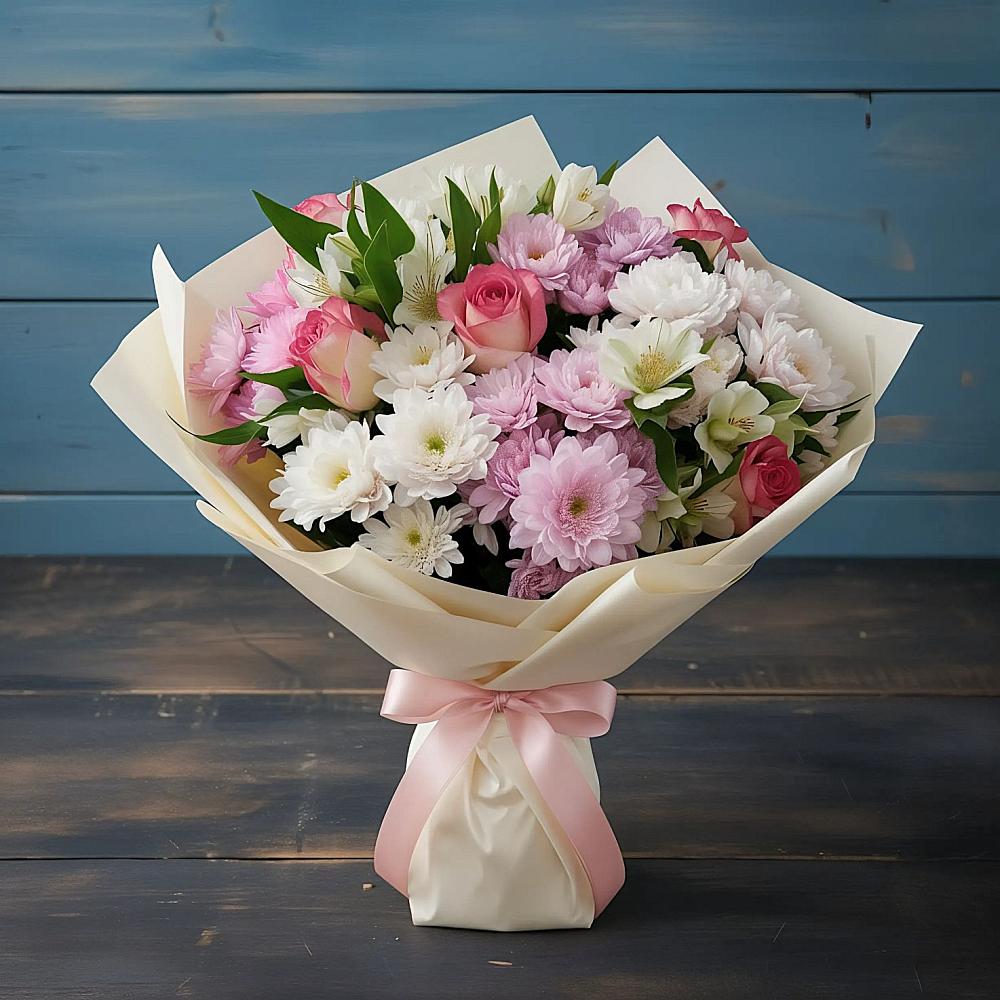 Букет цветов из: Хризантемы, Альстромерии и Розы в Ленске